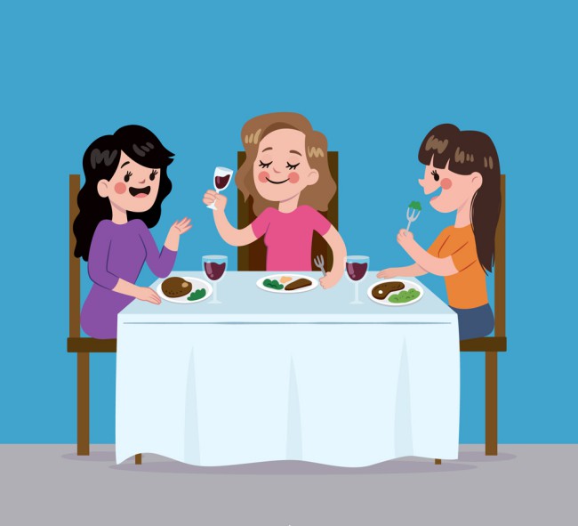 卡通聚餐的3个女子矢量素材16图库网精选