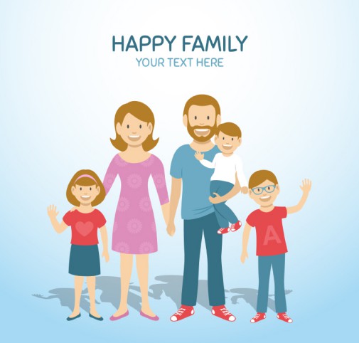 三个孩子的幸福家庭插画矢量素材素