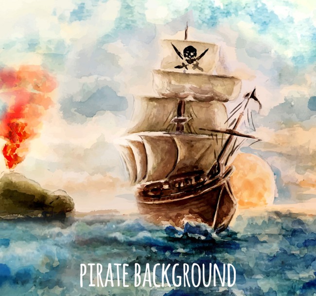 水彩绘海上的海盗船矢量素材16图库网精选