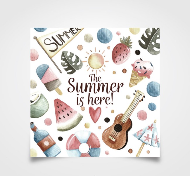 水彩绘夏季元素卡片矢量素材16设计网精选