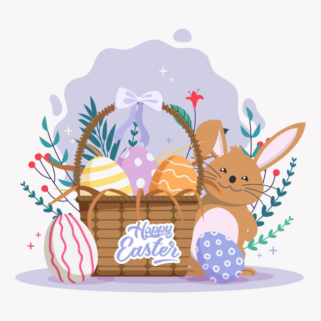 可爱复活节彩蛋篮子和兔子矢量图普贤居素材网精选