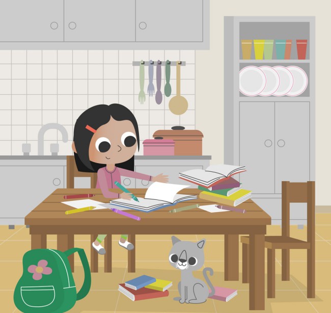 卡通做作业的女孩和猫咪矢量素材素材中国网精选