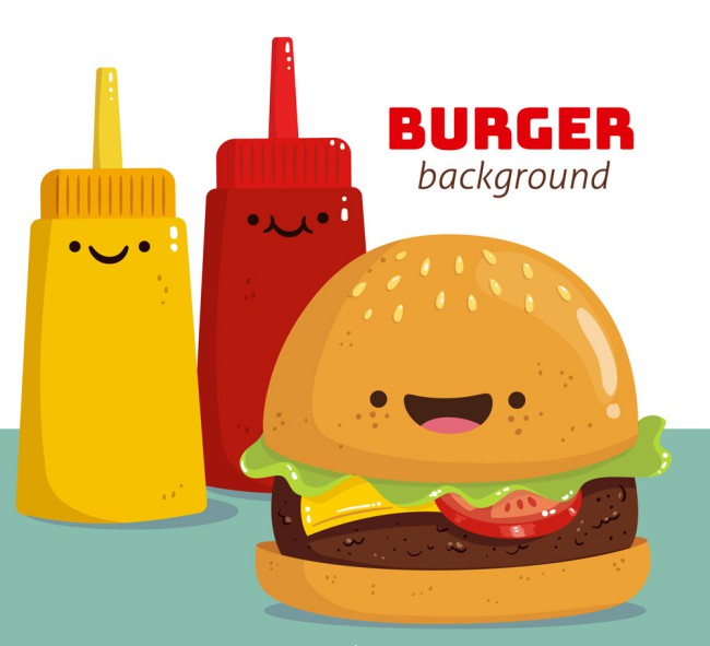 卡通笑脸汉堡包和调味酱矢量图素材中国网精选