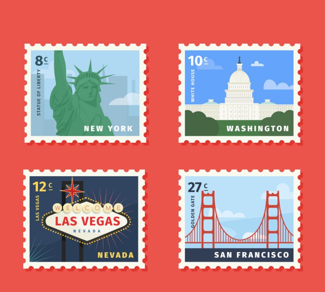 4款时尚旅游邮票设计矢量图16素材网精选