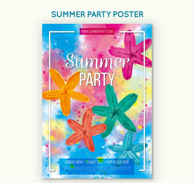 水彩绘海星夏季派对海报矢量图普贤居素材网精选