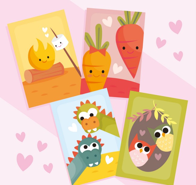 4款可爱卡通动植物情侣卡片矢量素