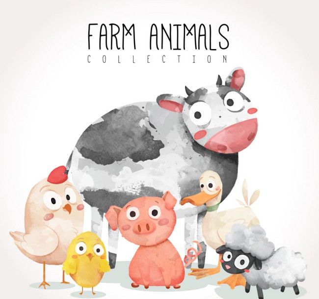 水彩绘5只农场动物矢量素材16设计网精选
