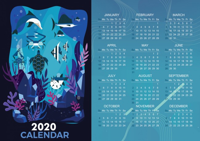 2020年创意海底世界年历矢量图普贤居素材网精选