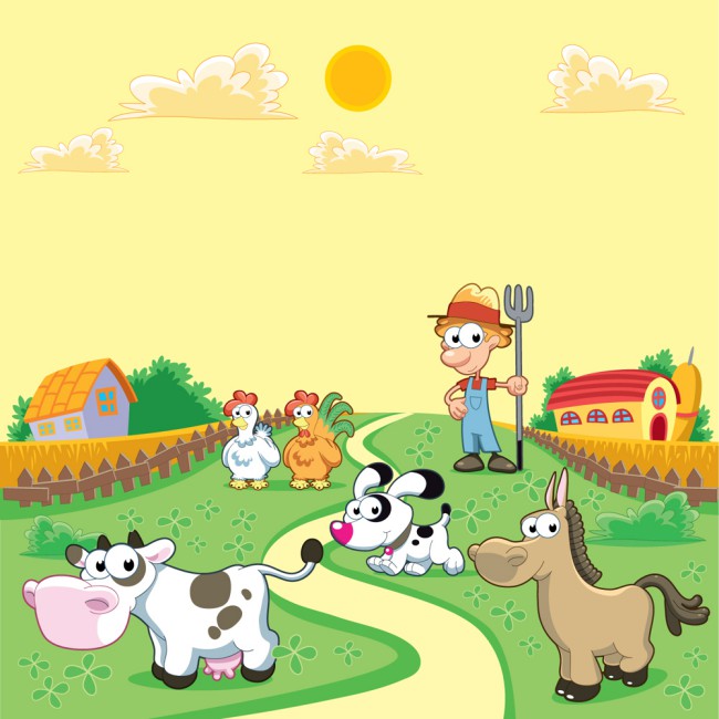 卡通农场农夫和小动物风景矢量素材