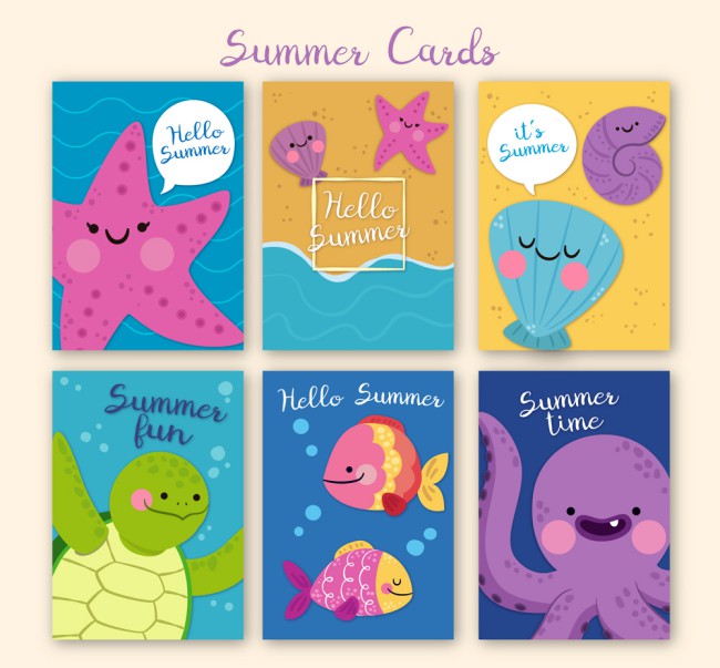 6款彩绘可爱夏季动物卡片矢量图普贤居素材网精选