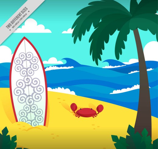 创意沙滩冲浪板和螃蟹插画矢量素材16素材网精选