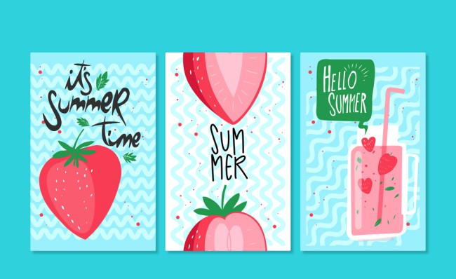 3款彩绘夏季草莓卡片矢量素材16图库网精选