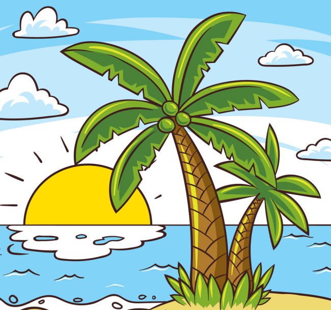 彩绘棕榈树大海风景矢量素材16图库网精选