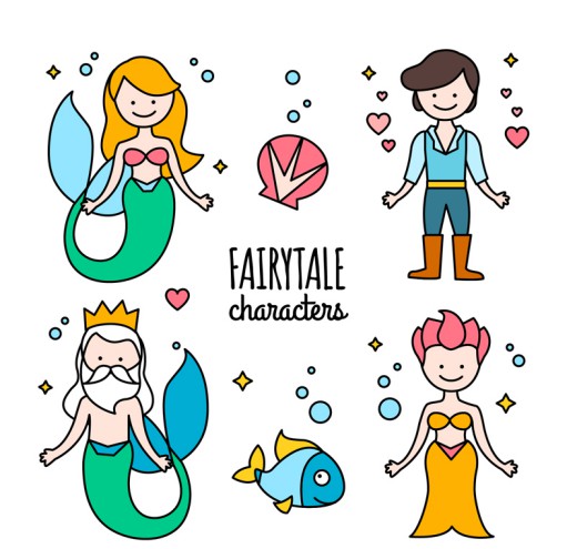 4款童话美人鱼角色和鱼类元素矢量