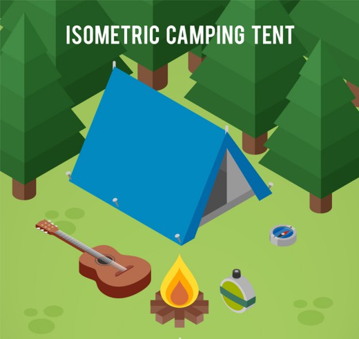 蓝色郊外野营帐篷和吉他矢量素材16素材网精选
