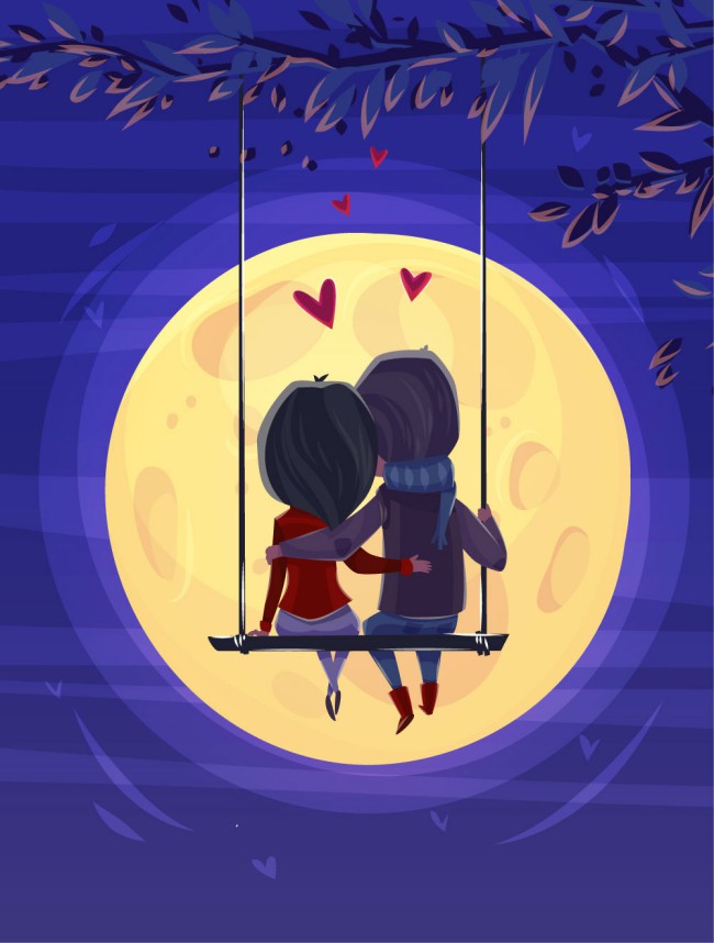 创意坐在秋千上赏月的情侣背影矢量