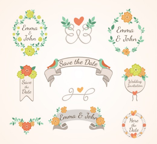 9款清新花卉婚礼标签矢量素材素材