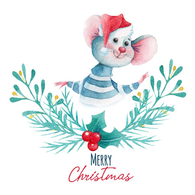 水彩绘圣诞老鼠和冬青贺卡矢量图素材天下精选