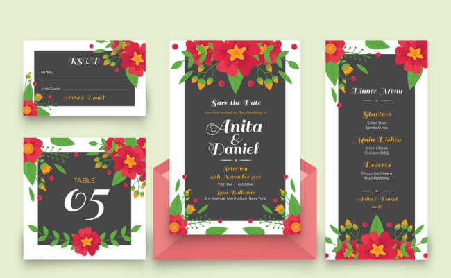 4款创意花卉装饰婚礼卡片矢量素材16图库网精选