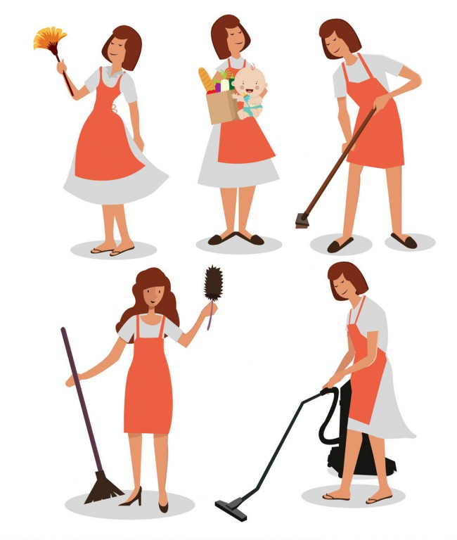 5款创意做家务女子动作矢量图素材