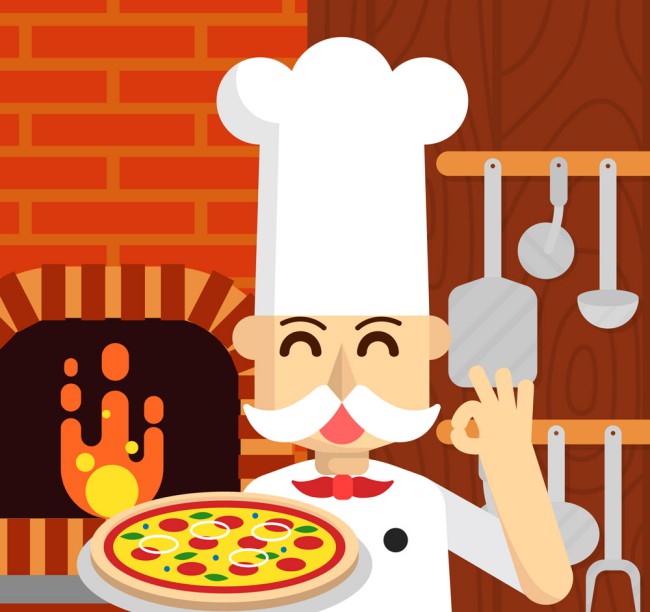 卡通笑脸端披萨的厨师矢量素材普贤居素材网精选