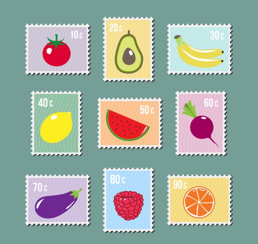 9款创意蔬菜水果邮票矢量素材16素材网精选