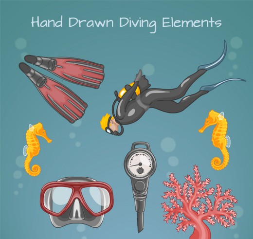 4款彩绘潜水元素和海马珊瑚矢量素材普贤居素材网精选