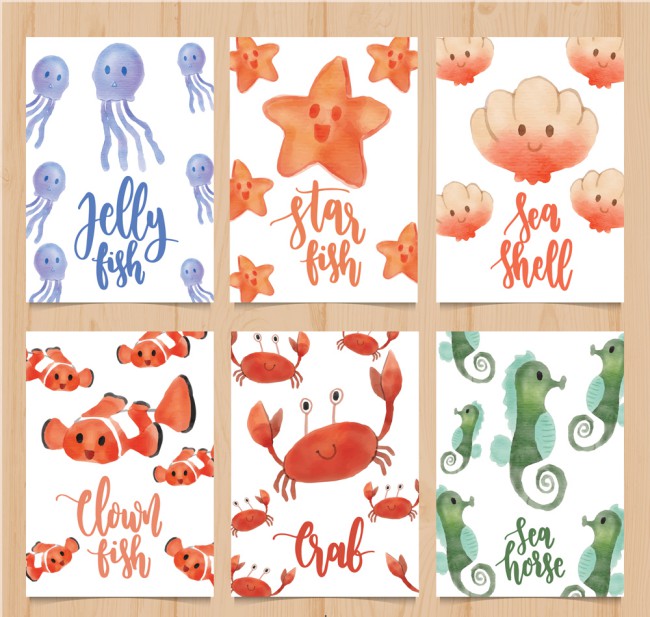 6款水彩绘海洋动物卡片矢量素材16素材网精选