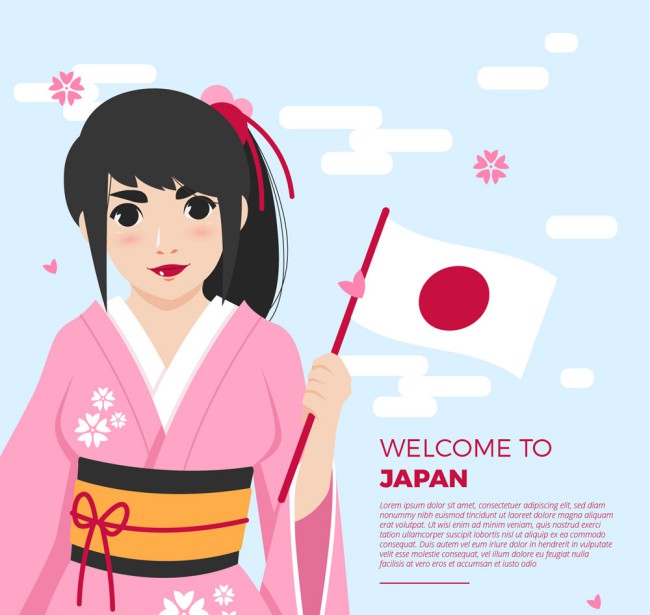 拿着旗的美丽日本女孩矢量素材16图库网精选