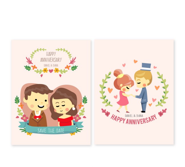 2款彩色结婚纪念日人物邀请卡矢量图素材中国网精选