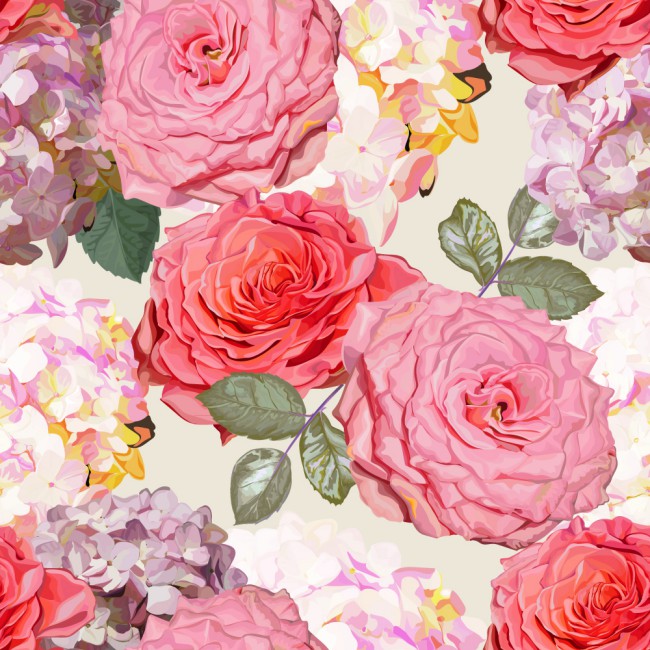 水彩绘绣球花和蔷薇花无缝背景矢量图素材天下精选