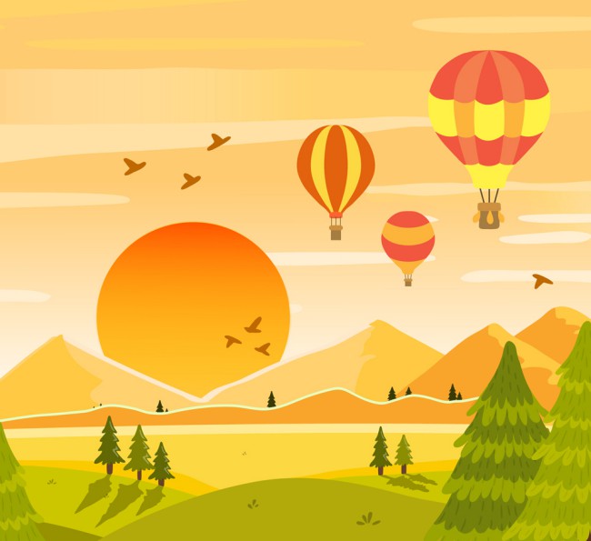 创意郊外夕阳下的热气球风景矢量图16图库网精选
