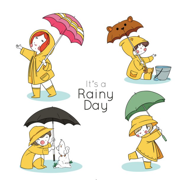 4款彩绘雨天打伞的儿童矢量素材16图库网精选