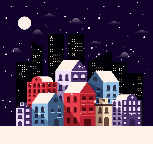冬季雪中的夜晚城市建筑矢量素材16图库网精选