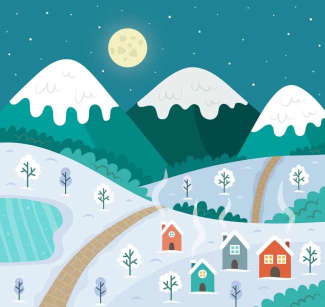 创意冬季夜晚村庄风景矢量素材16素材网精选