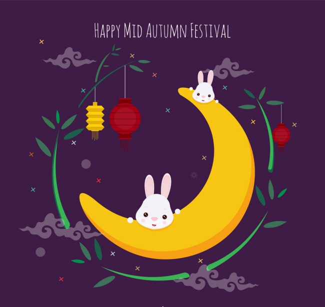 可爱中秋节月亮上的兔子贺卡矢量图普贤居素材网精选