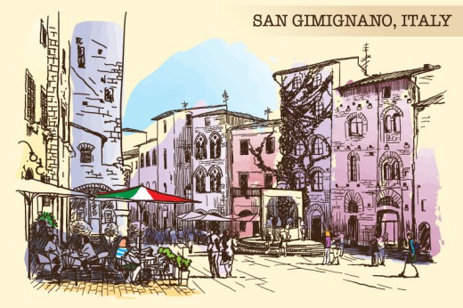彩绘圣吉米尼亚诺城市风景矢量图16设计网精选