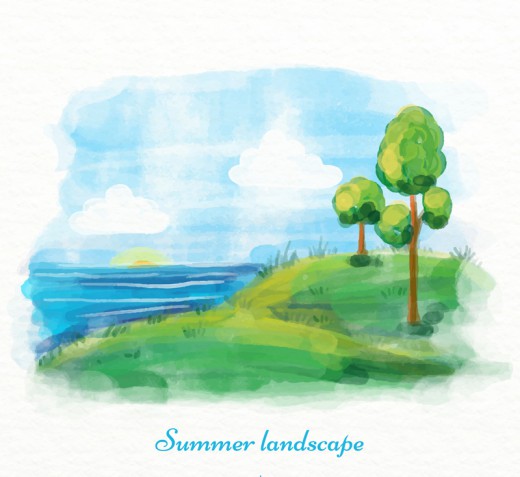 水彩绘夏季海边树木风景矢量图16设计网精选