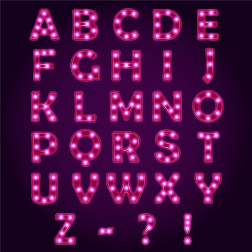 26个玫红色霓虹灯字母与3个符号矢量图普贤居素材网精选