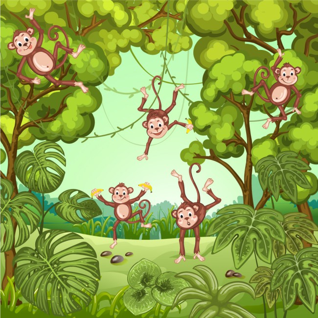 卡通丛林里的猴子矢量素材16图库网精选