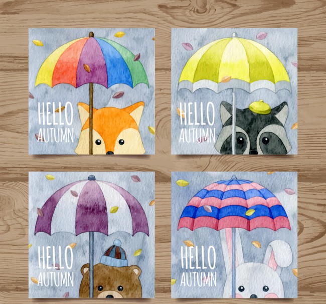 4款彩绘秋季撑伞动物卡片矢量素材普贤居素材网精选