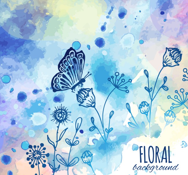 水彩绘蓝色花卉和蝴蝶矢量素材16图库网精选