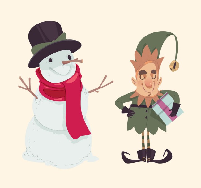 彩绘圣诞节雪人和精灵矢量素材普贤