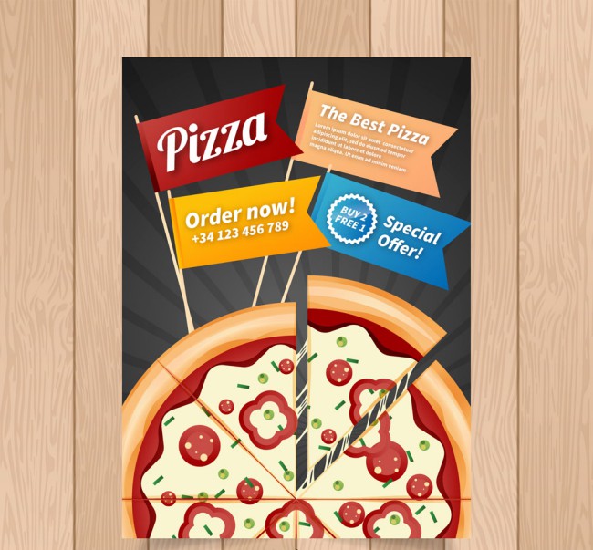 彩色插旗的披萨传单矢量素材16素材网精选