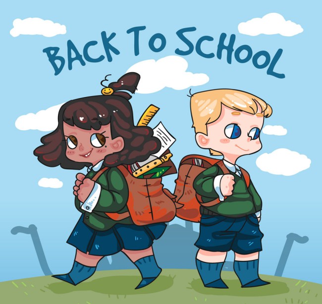 卡通返校背包男孩和女孩矢量素材16设计网精选