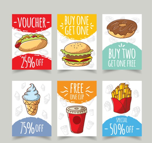 6款彩绘快餐食品促销卡片矢量图素