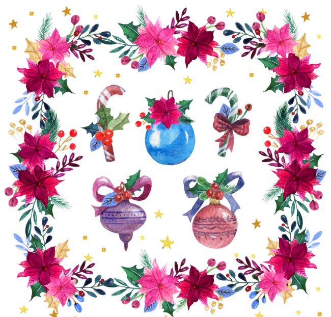 水彩绘圣诞花环和5款装饰物矢量图普贤居素材网精选