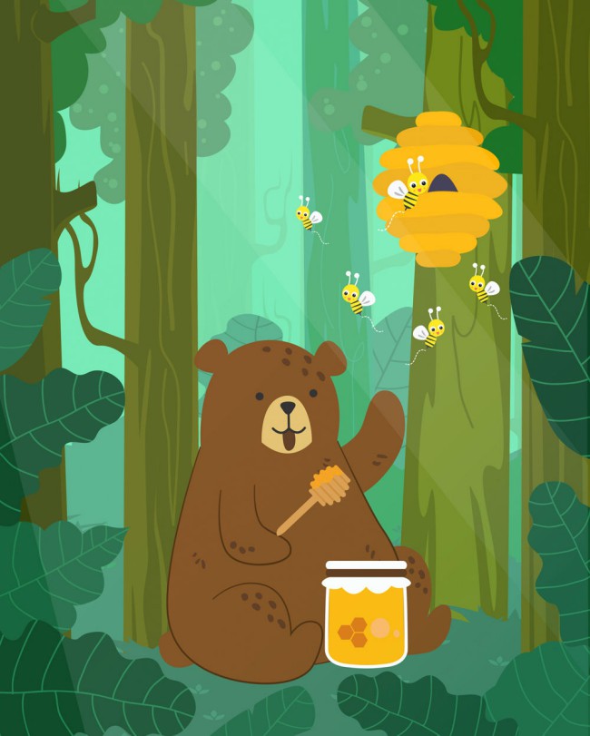 可爱树林里的棕熊和蜂蜜矢量图16设计网精选