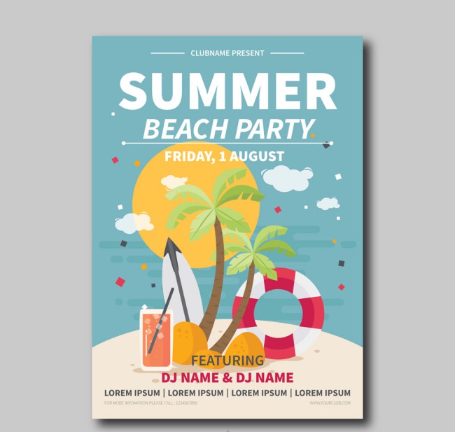 创意夏季度假元素沙滩派对海报矢量图普贤居素材网精选