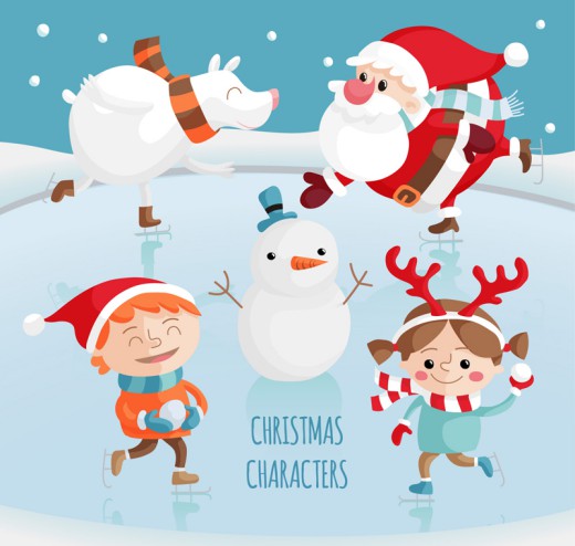 滑冰的圣诞老人和孩子矢量图普贤居素材网精选